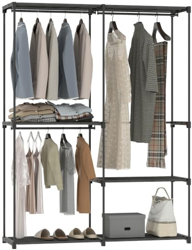 HOMCOM Kleiderschrank mit Kleiderstange, Ablagen 142x43x185 cm Schwarz | Stoffschrank, Stoffkleiderschrank, für Schlafzimmer und Ankleidezimmer