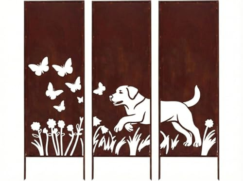 Kapaga - SET Sichtschutz Metall 3x mit Hundemotiv - 160x50 cm - Edelrost | Rostoptik für Garten und Terrasse - Corten, Sichtschutzelement - Sichtschutzwand - Gartendekoration Zaun - Rost