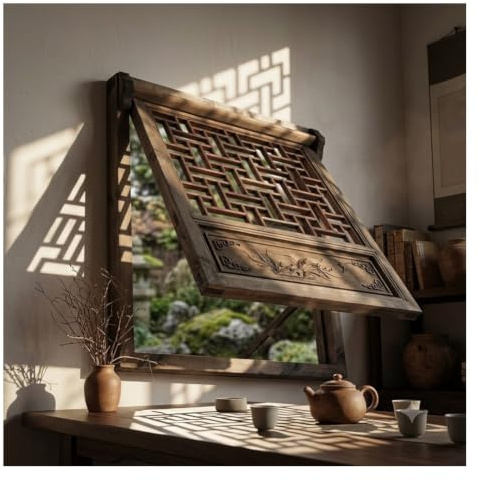 pujindu Ventana Abatible De Madera Maciza con Montaje Enrasado, Ventanas De Apertura hacia Arriba De Estilo Chino Retro, Ventana con Tallados Decorativos Y Ventilación Manual(80x8x90cm)