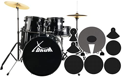 XDrum Rookie Schlagzeug Set Drumset Schwarz (20 BD, 10, 12, 14 TT, 14 SD, Übungsbecken bestehend aus einem Satz Hi-Hat-Becken 14 und 1 Crash-Ride-Becken 16, inkl. Schule & Schlagzeugdämpferset)