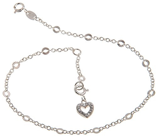 Fußkette Silber (Erbskette) mit Schliff und weißem Herz - 2mm Breite - Länge wählbar 23-30cm - echt 925 Silber