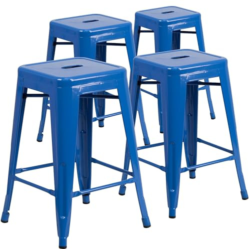 Flash Furniture Handelsübliche Qualität, 61 cm hoch, rückenfrei, Metall, für drinnen und draußen, Thekenhöhe mit quadratischem Sitz, verzinkter Stahl, Kunststoff, Blau, 4 Stück