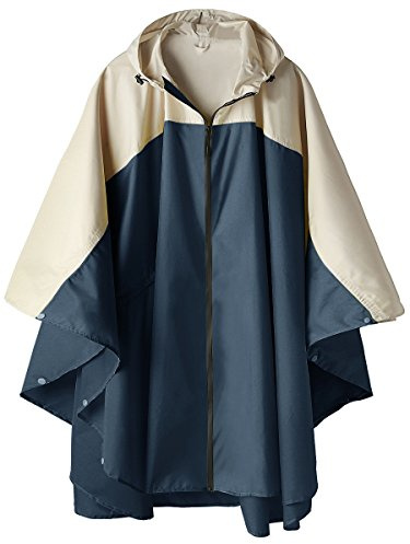 Rain Poncho Coat For Adults Outdoor Hooded Waterproof Zipper Rainwear Blue and Creamy-White