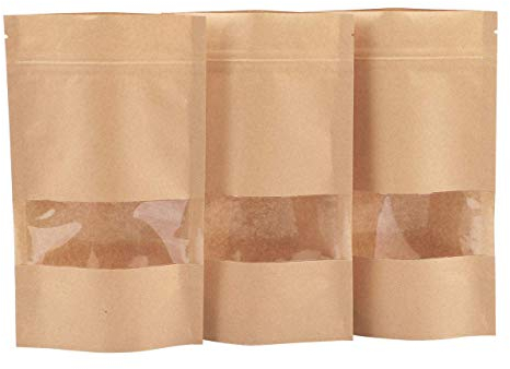 Dproptel 50 Pack Reusable Ziplock Grip Standable Seal Bags Waterproof Brown Kraft Paper Stand Up Pouch with Transparent Window Food Storage Pouches Packing Bag (9X14CM)