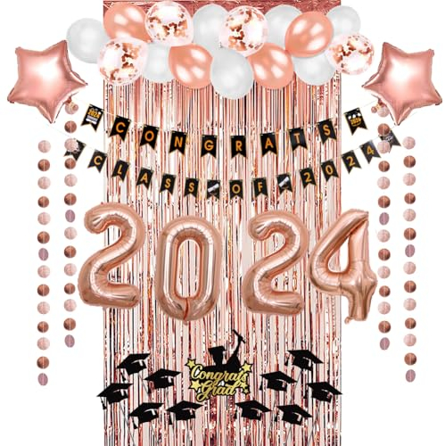 Easy Joy Abschluss Party Deko 2024 Abschlussfeier Dekoration Set Graduation Rosa Luftballons Congrats Banner Türvorhang Girlande Mädchen Rosegold für Schulabschluss Abi Studium Abitur