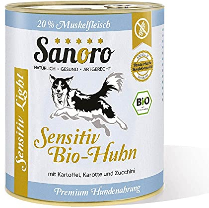 Sanoro Sensitiv Light Bio-Huhn - Premium Hundefutter bei Leishmaniose: Purin- und proteinreduziert in Bio-Qualität. Muskelfleisch vom Bio-Huhn mit Bio-Kartoffel und Bio-Karotte. (6 x 800g).