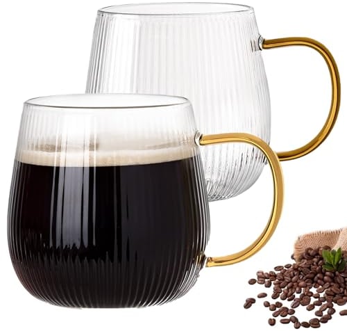 GLASKEY Tazze da Caffè in Vetro Borosilicato con Manico Giallo Chiaro,Tazze Caffè in Vetro da 370 ml,Tazza da Tè Trasparente per Cappuccino,Latte,Bevande Calde/Fredde