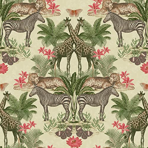 Grandeco Animal Kingdom Jungle Smooth Wallpaper, Neutral Green
