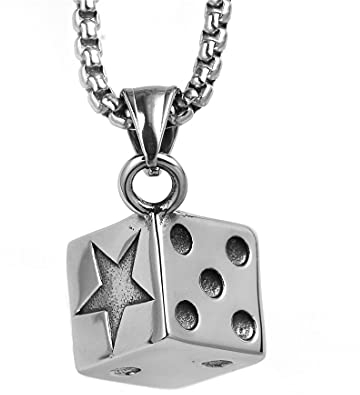 HIJONES Herren Damen Mode Würfel Star Graviert Anhänger Halsketten aus Edelstahl mit 61CM Kette Silber