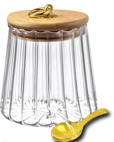 Viovian Glasbehälter für Kaffee, Nüsse, 650 ml, Glasbehälter mit Deckel, Blütenblatt, dekoratives Glas mit Bambusdeckel für Zucker, Kaffee, Bohnen, Tee, Süßigkeiten, Lebensmittel (konisch)