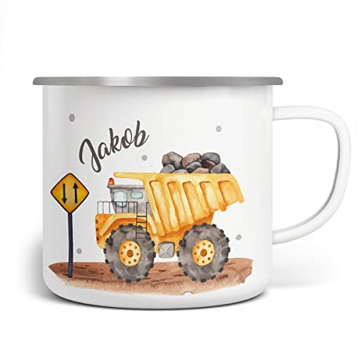 miKalino Emaille Tasse Jungs - Trinkbecher Kinder personalisiert - Emaille Becher mit Kipplaster-Motiv - Kindertasse mit Namen - Kindertasse bedruckt - Emaille Becher Weiß
