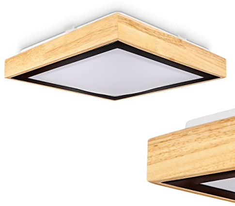 HOFSTEIN LED Deckenleuchte Corinto, moderne Deckenlampe aus Metall/Holz/Kunststoff in Natur/Schwarz/Weiß, eckig, 28,5 cm x 28,5 cm, 1150 Lumen, 3000 Kelvin, 1 x LED 12 Watt (inkl.)…