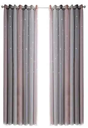 LIKEUDO 2 Stück Sterne Vorhang Verdunkelungsvorhänge Bunte Doppelschicht für Kinder Schlafzimmer Mädchen Kinderzimmer Sterne Vorhänge Doppelschicht Wohnzimmer Blickdicht Vorhänge 134 x 210 cm