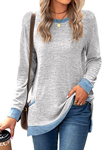 Famulily Ladies Casual Wear Longline Round Neck Tops Color Block Jumper Sweatshirt Long Sleeve Baggy Tops Light Grey M