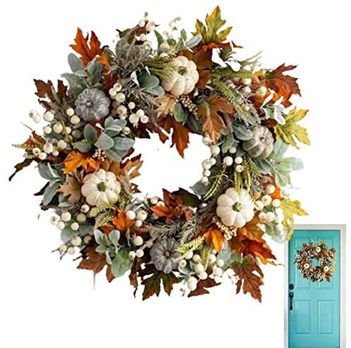 Bauernhaus-Herbstkranz, Dekoration für Haustür mit weißem Kürbis, Herbstkränze, 45 cm, -Kürbisernte, Erntedankfest, für draußen, drinnen, Zuhause, Türdekorationen