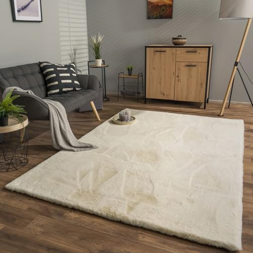 TT Home Wohnzimmer Hochflor Teppich Langflor Soft Kaninchenfell Fell Imitat Weich, Farbe: Creme, Größe:80x150 cm