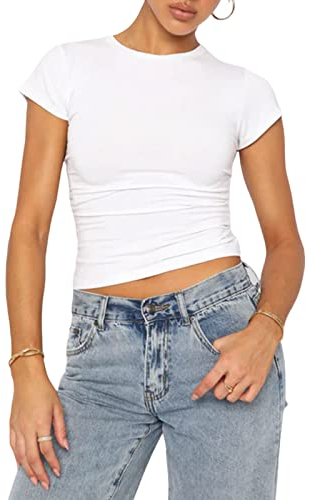 Geagodelia Women's Basic T-Shirt Ladies Short Sleeve Crop Top Y2K Fashion Aesthetic Clothes Summer Outfit Streetwear (A - White, S)