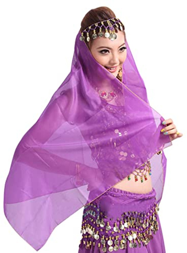 Hotfiary Chiffon Bauchtanz Kopftuch für Frauen mit Münzen Retro Kopfbedeckung Schal Kopfschmuck Bauchtanz Kostümzubehör
