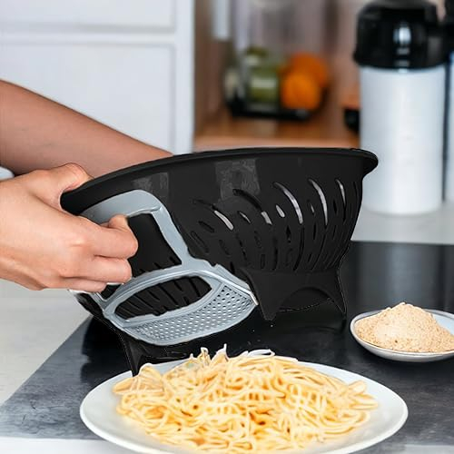 Sink Salad Colander with Handles Plastic Colander Basket Food Strainer Dryer Vegetable Sieve & Container Drain Cooked Pasta Fruits Silicone Stretcher Kitchen Essentials Mesh BPA Free (Black)