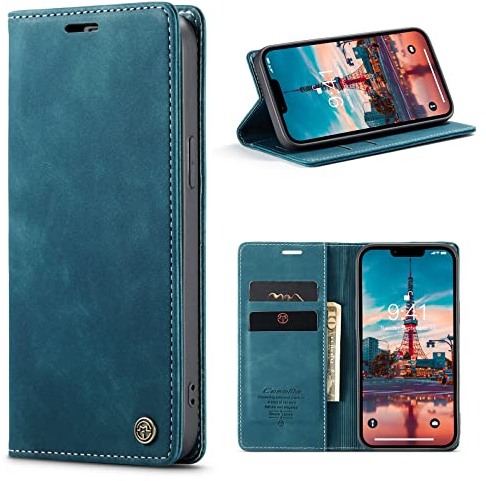 niloucase Kompatibel mit iPhone 15 Hülle Leder,Magnetverschluss Premium PU Leder Flip Case,Standfunktion.-Grün-Blau