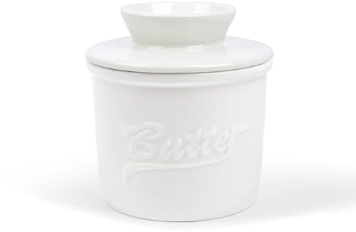 fanquare White Alphabet Porcelain Butter Jar, French Ceramic Butter Crock with Water Line, Sealed Butter Dish with Lid and Handle