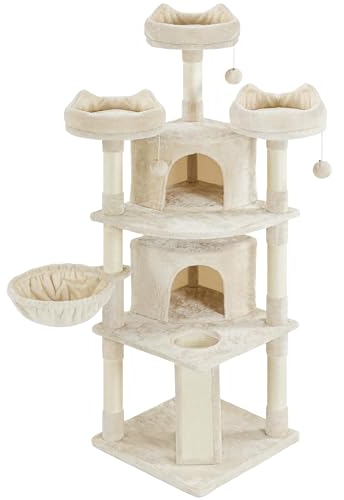 Yaheetech Árbol Rascador para 3-5 Gatos Gigante de Altura 175 cm Torre de Juegos con 2 Grandes Grutas 3 Plaraformas Beige