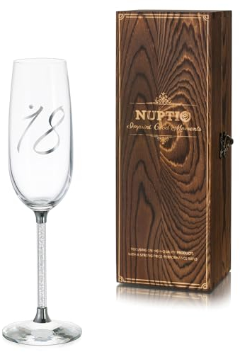NUPTIO Champagne Flute 18 Anniversaire: Ans Cadeau Flûte Argent avec Coffret Bois pour Homme Femme Fille Garcon Personnalisé Cristal D'anniversaire Verre Idee Cadeaux Birthday 7.04oz