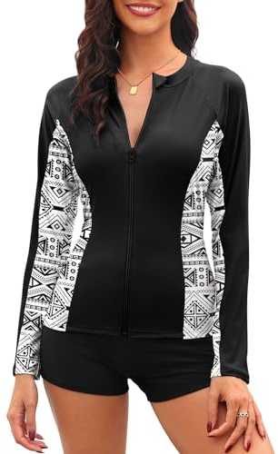 Tuopuda Camiseta de natación para Mujer Traje de baño de Manga Larga con Cremallera Camiseta de Surf Protección Solar Surf Rashguard Camisetas Deportivas de Secado Rápido(Negro,M)