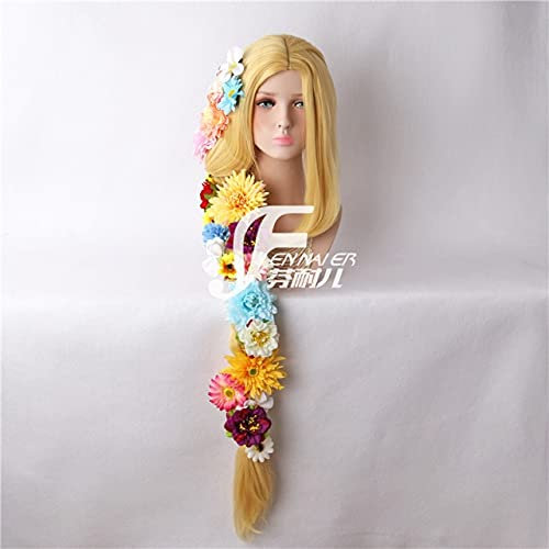 HBYLEE-Tangled Cosplay Wig Princess Rapunzel Long Braids Künstliche Blumen Kopfbedeckung Frauen Blonde Kunsthaar Erwachsene Perücke und Blumen[Farbe:Blond ]