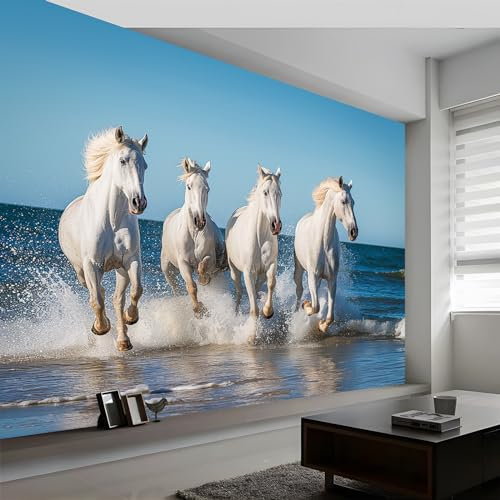Papier Peint Panoramique Cheval Animal De Plage, 250 x 175 cm (WxH) Poster Mural, Bleu Peinture Murale pour Salon Chambre Chambre d'enfants restaurant Décoration Murale