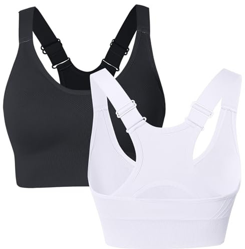 Atxnn Damen Sport BH Einstellbarer Breiten Schultergurt Yoga Bra Push up Bustier Racerback Nahtlose Gepolstert ohne Buegel für Fitness Lauf Joggen, 2 Pack M