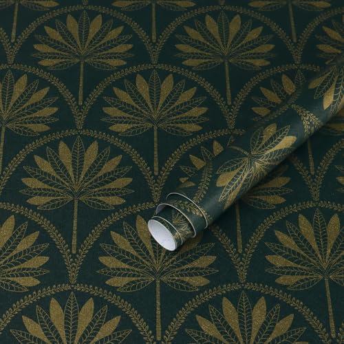 Heroad Brand Leaf Wallpaper Peel and Stick Dark Green and Gold Contact Paper Tropical Jungle Forest Palm Tree Boho Clearance Wall Paper for Cabinets Shelf Vinyl Self Adhesive Removable 78.7x17.3
