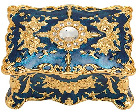 Vintage Schmuckschatulle, Groß Antik Jewelry Box, Schmuckkästchen mit Deckel für Ringe, Halsketten und Ohrringe, Goldblau