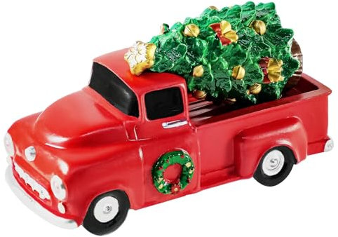 GW Box Christmas Vintage Red Truck with Christmas Tree Figurine for Christmas Town Village Accessories Set Home Kitchen Table Centerpieces Decorations Home Decor