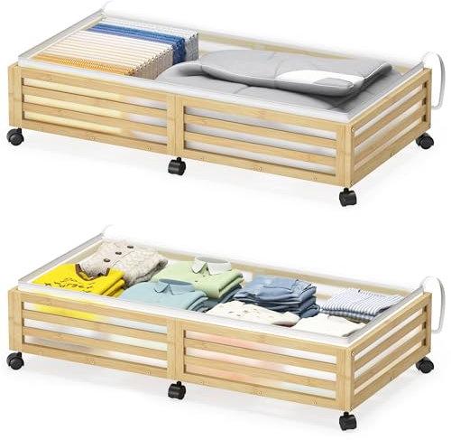 Xadgve Under Bed Storage with Wheels - Large Bamboo Underbed Containers with Dust Bag - Stackable Under Bed Shoe Storage Bins for Clothes, Books, Bedding and Toys - Space Saving