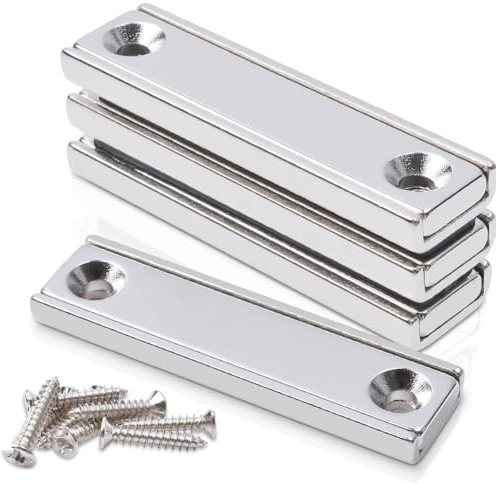 Strong Bar Magnets with Holes, 25Kg+ Pulling 50x13.5x5mm Rectangular Neodymium Magnets Heavy Duty with Countersunk Holes and Screws, Waterproof Industrial Strength Magnet for Crafts Mounting, 4pcs