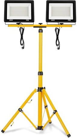 XMTECH LED Baustrahler mit Teleskop-Stativ, IP66 LED Fluter mit Stecker, robuster Arbeitsscheinwerfer für Baustelle, Garage und Außenbeleuchtung (2 * 200W Kaltweiß + Stativ)