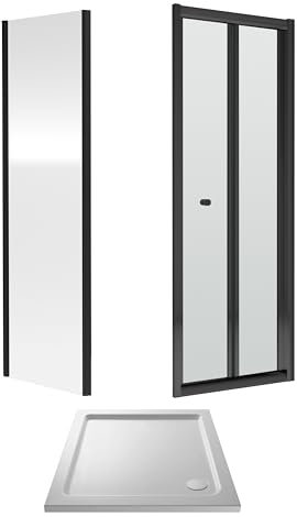 6mm Toughened Safety Glass Bi-Fold Shower Door, Side Panel and Shower Tray - 700 x 700 x 1900mm - Matt Black Frame - White Tray