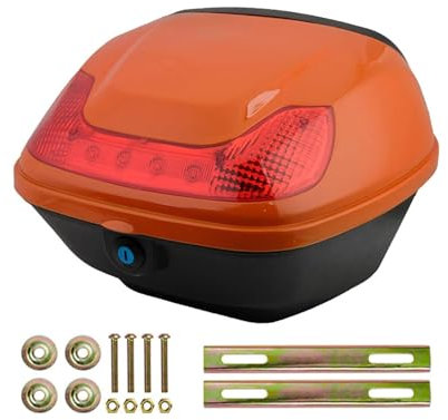 Motorradkoffer, universelles Motorrad-Topcase, wasserdichtes Motorrad-Heckcase mit Lichtern, Rückenlehnenschloss für Roller, Moped, Rückseite mit Rückenlehne, abschließbares Motorrad-Topcase Orange