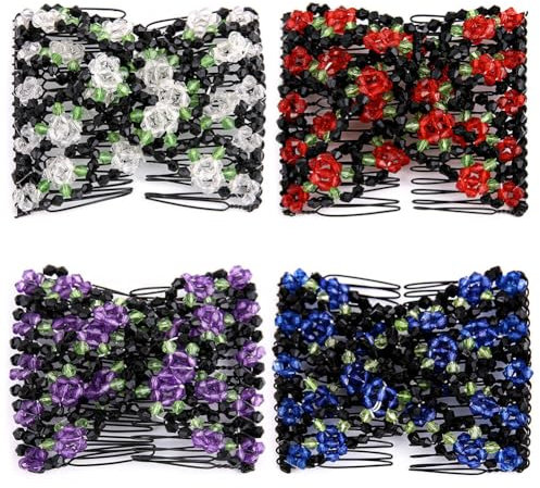 Umibow 4 Stück Magische Kämme dehnbar Doppelhaarkamm, Haarkamm-Clips, elastische Perlen Rosen-Haarspangen, Haarschmuck für Frauen Mädchen