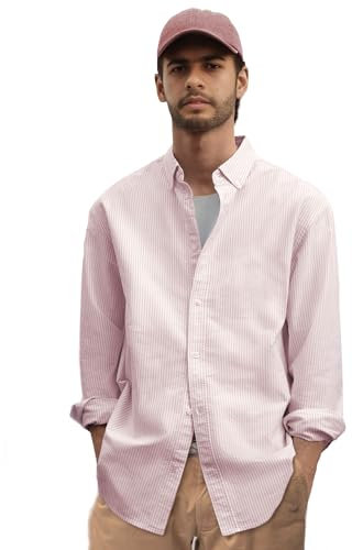 Vasego Chemise Oxford à manches longues et col boutonné pour homme, Rayures rose clair, XXL