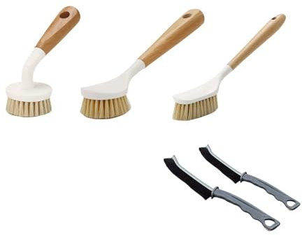 ROSSRORE Bamboo Handle Dish Brush Set of 5 Sustainable Kitchen Cleaning with Sturdy Bristles Gap Brush- Suitable for Cleaning Pans Pots Countertops and Kitchen Sinks