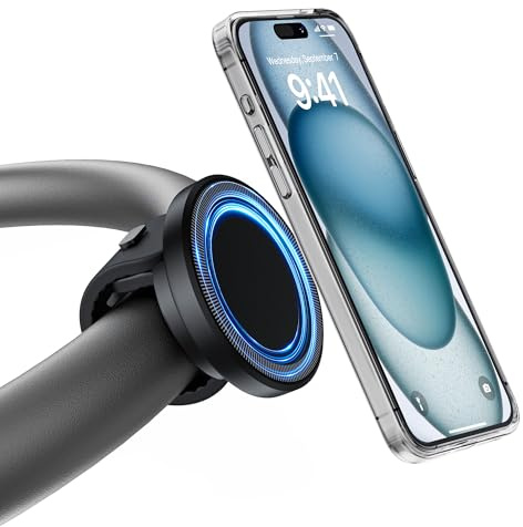 NINEFATICS Stroller Phone Holder, Compatible with MagSafe, Magnetic Handlebar Mount, 17x N52 Strong Magnets, Fits Treadmills, Peloton, Shopping & Golf Carts, Adjustable Strap, iPhone 12–17 & Android
