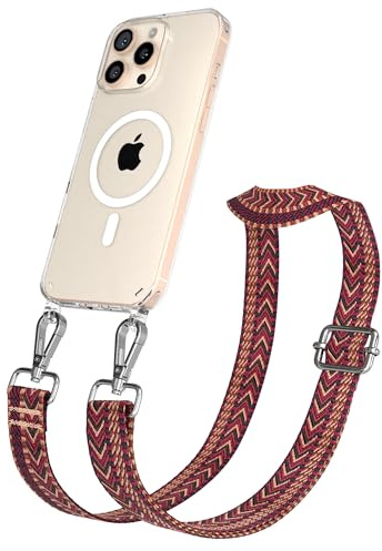 EAZY CASE Handykette - Verstellbares Taschenband kompatibel mit iPhone 16 Pro Max, Schulterriemen, Handykordel mit Silikon Hülle, Qi Charging kompatibel, Umhängetasche, Rot Braun Silber