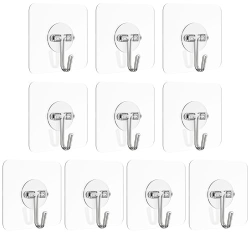 Elalove 10 Pièces Crochets Adhésifs Muraux, Fixation Mural Sans Percer, avec crochets en acier inoxydable, Crochets Autocollants pour Salle de Bain, Cuisine, et Maison, Transparente