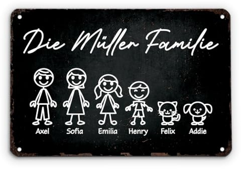 Geschenke Mall Türschild Personalisiert - Die Familie - Schild selbst gestalten, türschilder mit namen, metallschild personalisiert, türschild familie (6 Familienmitglieder)