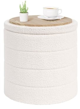 PINPLUS Round Ottoman Storage, Convertible Table, Cream White, 43x43x45 cm | Padded Boucle Fabric, Folding Footstool, Space-Saving Stool, for Living Room, Bedroom, Hallway