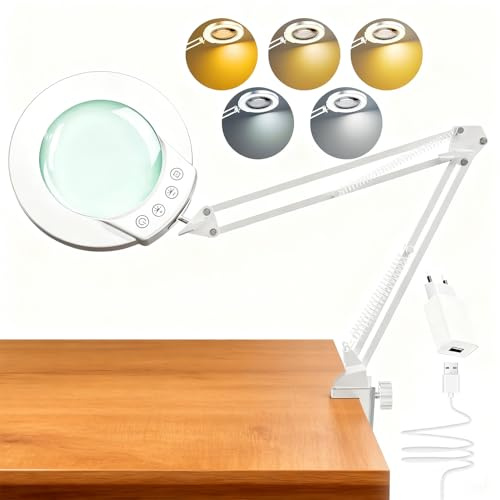 TYEE10X Lupe mit Licht und Klemme, beleuchtete Lupe aus echtem Glas mit 5 Farbmodi und stufenloser Dimmbarkeit, freihändige Schreibtischlampe für Hobbys, Basteln, Lesen und Naharbeit,Weiß