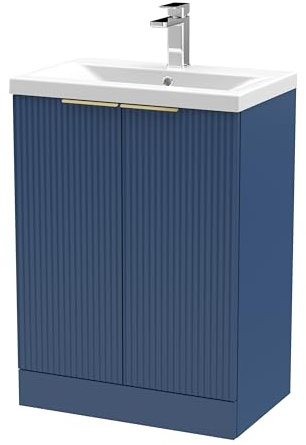 Balterley Vanity Unit with Basin Floor Standing, Soft Close 2 Door with Mid Edge Sink, Bathroom Vanity Units with Basin, Fluted Front Bathroom Sink Cabinet - 610 x 390 x 850mm (Blue)