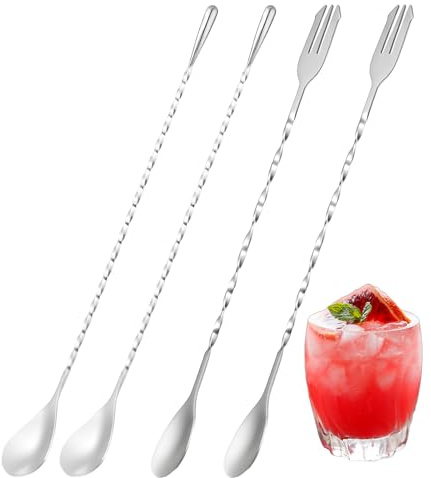 4 Stück Barlöffel Rühroffel Langer Cocktail Rührer Longdrink Rührer Gin Löffel aus Edelstahl für Martinis, Kaffee, Bar, Cocktail Shaker